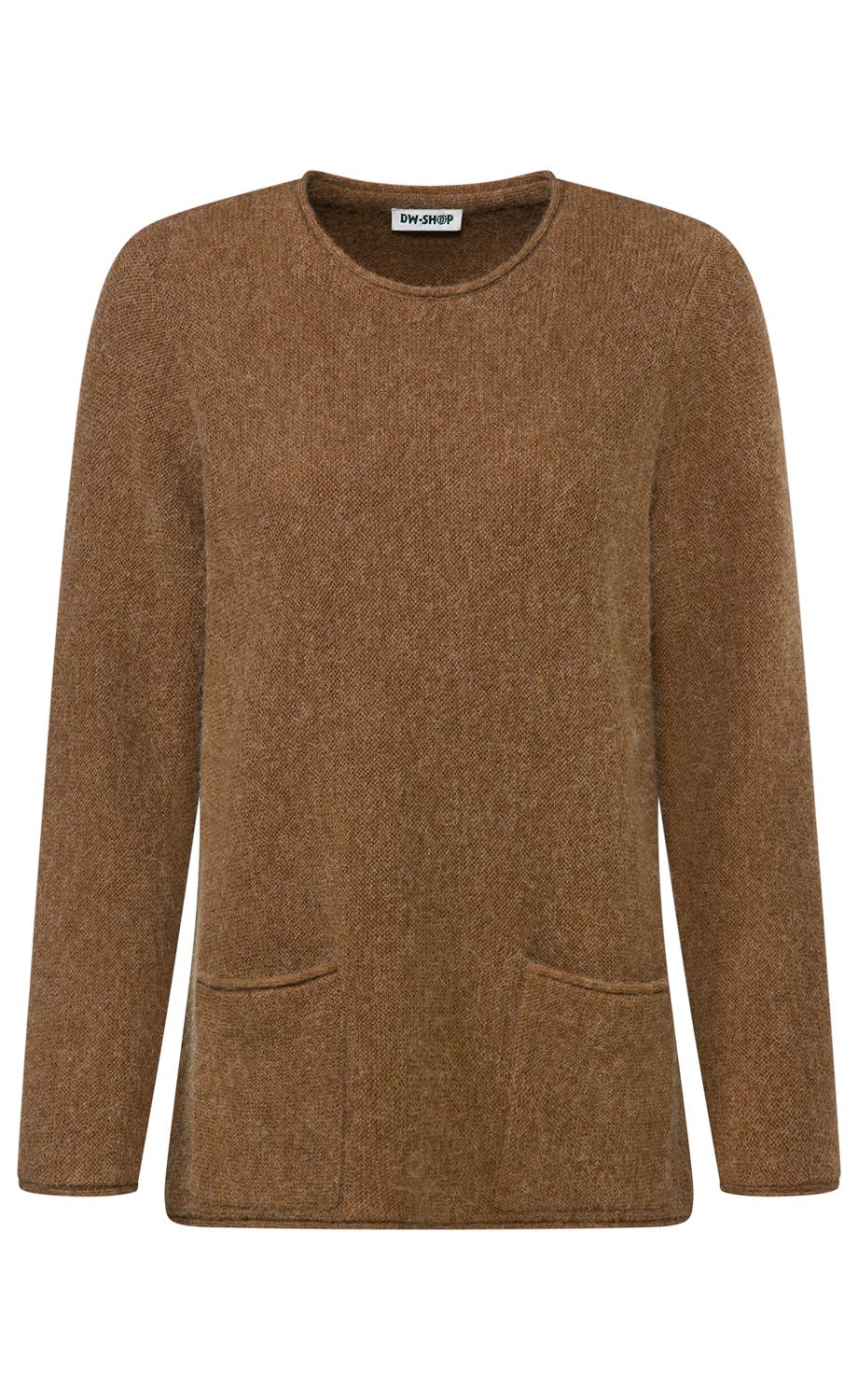 Brauner Damenpullover aus weich strukturiertem Stoff, langärmlig, mit Rundhalsausschnitt und zwei aufgesetzten Taschen vorne, schlichtes und gemütliches Design