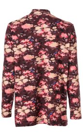 Baumwoll-Shirt mit langem Arm, dunkelrotem Grund, bedruckt mit großflächigem floralem Muster in Rosa-, Beige- und Blautönen, Rückansicht, klassischer Rundhalsausschnitt