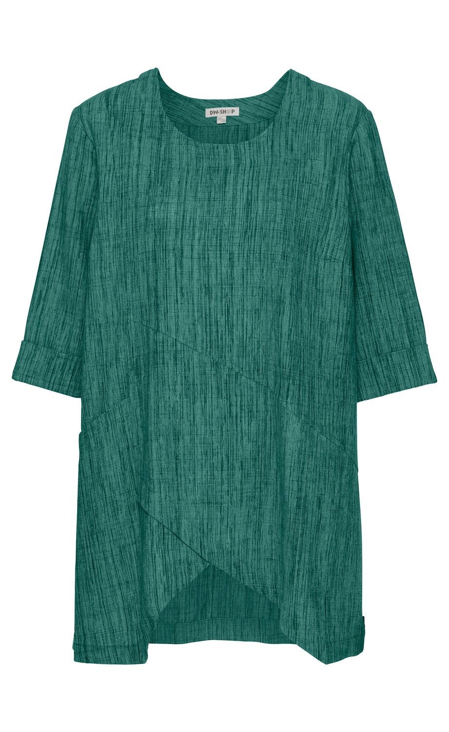 grüne Baumwoll-Bluse mit kurzarm, rundem Ausschnitt und asymmetrischem Schnittmuster, leichte Struktur, lockere Passform, bequem und casual, ideal für Alltag und Freizeit