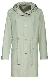 Hellgrüne Baumwoll-Jacke mit Kapuze, langen Ärmeln, Druckknöpfen vorne, Tunnelzug mit Bändern in der Taille, zwei Klappentaschen und verstellbaren Ärmelabschlüssen.
