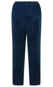 Dunkelblaue Cord-Baumwollhose mit elastischem Bund, gerade geschnitten, ohne sichtbare Taschen oder Verzierungen, für Herren oder Damen.