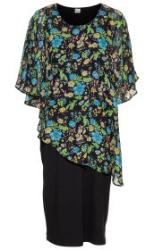 Viskose-Kleid mit schwarzem Unterteil, darüber ein asymmetrisches, halbtransparentes Oberteil mit buntem Blumenmuster in Blau, Gelb, Grün und Orange, runder Ausschnitt und kurzen, weiten Ärmeln