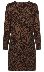 Viskose-Mix-Kleid mit langem Arm, gerade geschnitten, mit braun-schwarzem abstraktem Paisley- und Tribal-Muster, Rückansicht, knielang, ohne sichtbare Verschlüsse