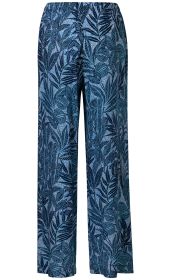 blaue Viskose-Hose mit weitem Bein und elastischem Bund, komplett mit dunkelblauem Blatt- und Pflanzenmuster bedruckt