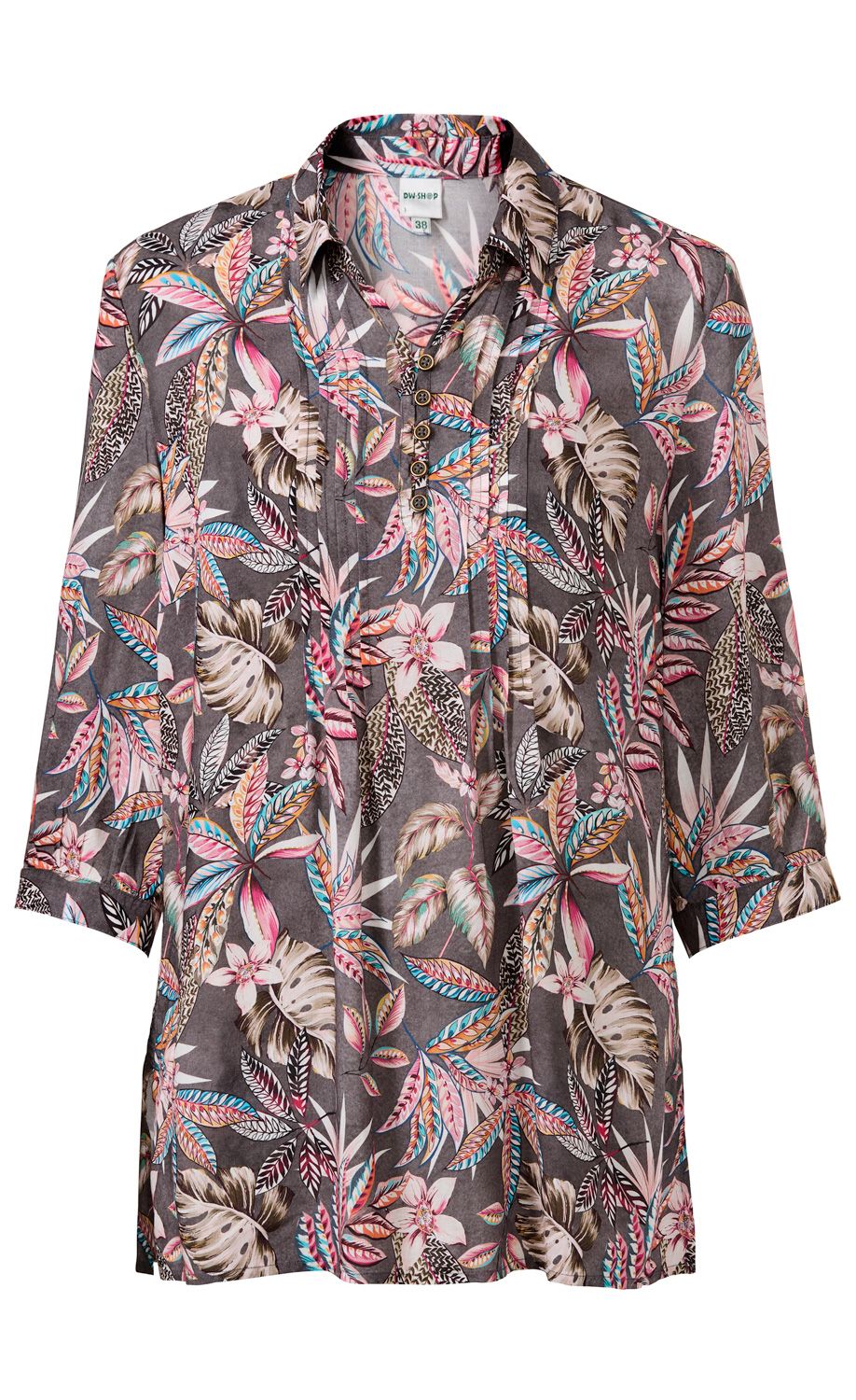 Damen-Modal-Bluse mit dunkelgrauem Grund und farbenfrohem Blumen- und Blättermuster in Rosa, Blau und Braun, 3/4-Ärmeln, V-Ausschnitt mit Knopfleiste und Stehkragen, locker fallend