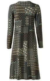 Viskose-Mix-Kleid mit langen Ärmeln, knielang, Patchwork-Muster in Schwarz, Beige und Türkis, verschiedene geometrische und florale Ornamente, leicht taillierte Form
