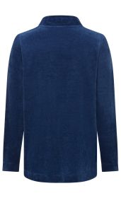Dunkelblauer Cordpullover mit langem Arm, Stehkragen, gerade geschnitten, Rückansicht, weiche Stoffstruktur, leicht gerippte Oberfläche