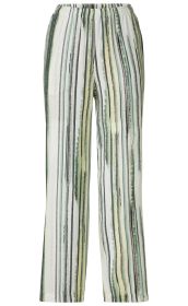Viskose-Hose mit elastischem Bund, gerade geschnitten, weiß mit vertikalen Streifen in Grün, Hellgrün, Gelb und Schwarz in Aquarelloptik