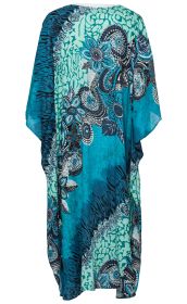 Blauer und türkisfarbener Viskose-Kaftan mit floralem und abstraktem Muster, lockere Passform, kurze Ärmel, fließender Stoff, Rückansicht