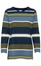 Langärmeliges Baumwoll-Shirt mit breiten horizontalen Streifen in Blau, Grün, Weiß und Navy, Rundhalsausschnitt, gerade geschnitten, schlichtes Design ohne Muster oder Applikationen