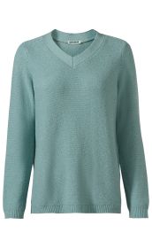 hellblauer Baumwoll-Pullover mit V-Ausschnitt, langärmlig, gerippte Bündchen an Ärmeln und Saum, einfache Strickstruktur, klassischer Schnitt, ohne Muster oder Verzierungen