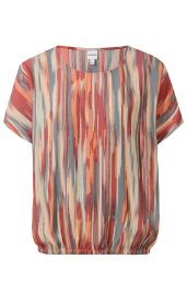 Viskose-Bluse mit kurzen Ärmeln, Rundhalsausschnitt, elastischem Saumabschluss, abstraktem vertikal gestreiftem Muster in Rot, Orange, Grau und Beige, lockere Passform