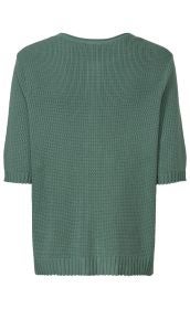 Baumwoll-Strickjacke in Grün, kurze Ärmel, strukturierter Grobstrick, gerader Saum mit Rippbündchen, Rückansicht, schlichte und unifarbene Jacke ohne Verschluss