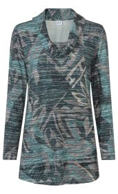 Viskose-Mix-Shirt mit langem Arm, lockerem Rollkragen, abstraktem Muster in Türkis, Grau, Beige und Schwarz, gerader Schnitt, weiche dehnbare Stoffstruktur.