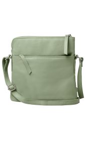grüne Ledertasche mit verstellbarem Schultergurt, zwei Reißverschlussfächern vorn und oben, schlichtes Design, glatte Oberfläche, rechteckige Form, silberne Metallbeschläge, kompakte Größe