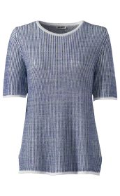 Baumwoll-Pullover mit kurzen Ärmeln, Rundhalsausschnitt, blau-weiß gestreift, gerippte Struktur, weiße Saumabschlüsse, gerade geschnitten, leichter Stoff