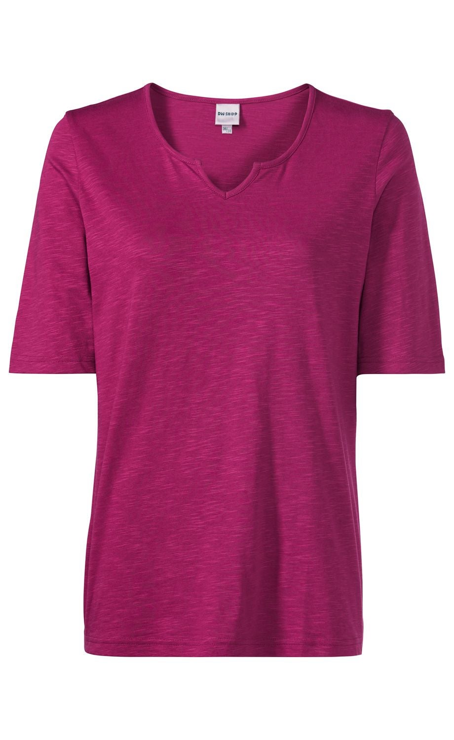 Damen-Baumwoll-Shirt in Dunkelrosa mit kurzen Ärmeln und leichtem Rundhalsausschnitt mit kleinem V-Einschnitt, leichte Struktur im Stoff, schlichtes Design, Vorderansicht