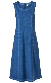 Blaues, ärmelloses Baumwollkleid mit Rundhalsausschnitt, Nahtdetails vorne, figurbetonter Form und Reißverschluss hinten, knielang