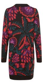 Baumwoll-Mix-Strickjacke mit langem Schnitt, schwarzer Basisfarbe, buntem floralen Muster in Rot, Lila und Grün, gerippte Bündchen und Kragen, Rückansicht.
