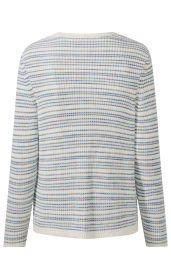 Baumwoll-Strickjacke mit feinen horizontalen Streifen in Blau, Lila und Grün auf weißem Grund, lange Ärmel, gerader Schnitt, leicht strukturierte Oberfläche, Rückansicht