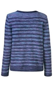 Baumwoll-Pullover in verschiedenen Blautönen mit langem Arm und Rundhalsausschnitt, Rückansicht, strukturierter Strickstoff, eng anliegend, gerader Saum