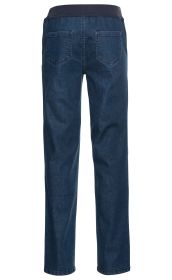 Dunkelblaue Jeanshose mit geradem Bein, elastischem Bund in Dunkelblau, zwei aufgesetzten Gesäßtaschen, Rückansicht, schlichte Nahtverarbeitung, ohne sichtbare Verschlüsse oder weitere Verzierungen