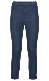 Dunkelblaue Baumwoll-Hose mit elastischem Bund, schmaler Schnitt, ohne sichtbare Taschen oder Zipper, knöchellang, glatte Oberfläche