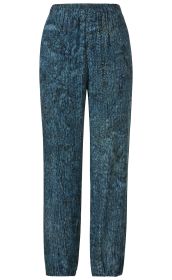 Dunkelblaue Viskose-Hose mit elastischem Bund und Beinenden, Muster aus vertikalen Reihen kleiner, heller Punkte auf meliertem Hintergrund, locker geschnittene Hose ohne Taschen oder Reißverschlüsse