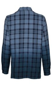 Baumwoll-Bluse rückseitig, kariert mit blauem und dunklem Muster, langärmlig, mit Manschetten und Kragen, gerade geschnitten