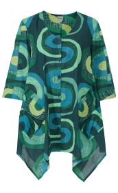 Baumwoll-Tunika mit asymmetrischem Saum, rundem Ausschnitt und 3/4-Ärmeln, Knopfleiste vorne, grün-blaue abstrakte Muster und große seitliche Eingrifftaschen.