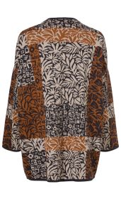 Baumwoll-Strickjacke mit geometrischem und floralem Muster in Beige, Schwarz und Braun, lange Ärmel, lockere Passform, Rückansicht