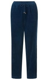 Dunkelblaue Baumwoll-Hose mit breiten, vertikalen Rippstrukturen, elastischem Bund und eingezogenem Kordelzug mit Metallenden, gerader Schnitt, casual und bequem.