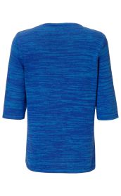 Baumwoll-Pullover in meliertem Blau, kurzärmlig, Rückansicht, rundhalsausschnitt, feine Strickstruktur, locker geschnitten