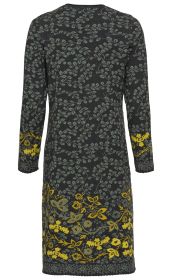 Baumwoll-Kleid in dunklem Grau mit langem Arm, Allover-Blätter- und Blumenmuster in Grau und Gelb, Blick auf die Rückseite, knielang, schmal geschnitten, Saum und Ärmelabschluss mit Zierbordüre