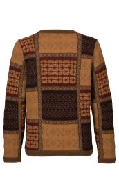 Alpaka-Strickjacke in Braun- und Rottönen mit geometrischem Muster, langärmlig, hinten aufgenommen, rechteckige und quadratische Musterflächen mit verschiedenen Strickdesigns, Rundhalsausschnitt, locker sitzend