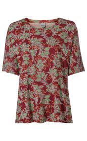 Rot-bordeauxfarbenes Viskose-Shirt mit kurzem Ärmel und rundem Ausschnitt, grün-weiß gemustertes florales Design, locker geschnitten, leichte und weiche Qualität.