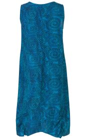 Ärmelloses, knielanges Viskose-Kleid in Türkis mit schwarzem, spiralförmigem Blattmuster, Rundhalsausschnitt und leicht gerafftem Saum
