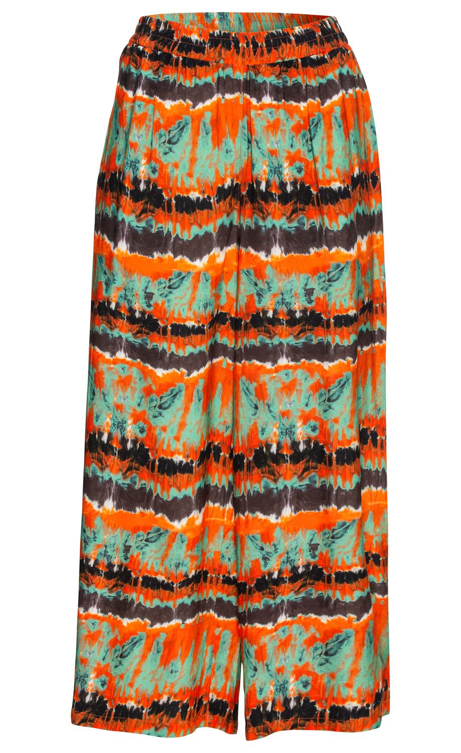 Viskose-Hose in weitem Schnitt mit elastischem Bund, gemustert mit horizontalen Streifen in Orange, Türkis, Schwarz und Weiß, leichte knitteroptische Textur, fließender Stoff
