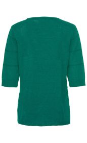 Rückansicht eines grünen Leinen-Mix-Pullovers mit halblangen Ärmeln, rundem Halsausschnitt, gerader Passform und feiner Strickstruktur