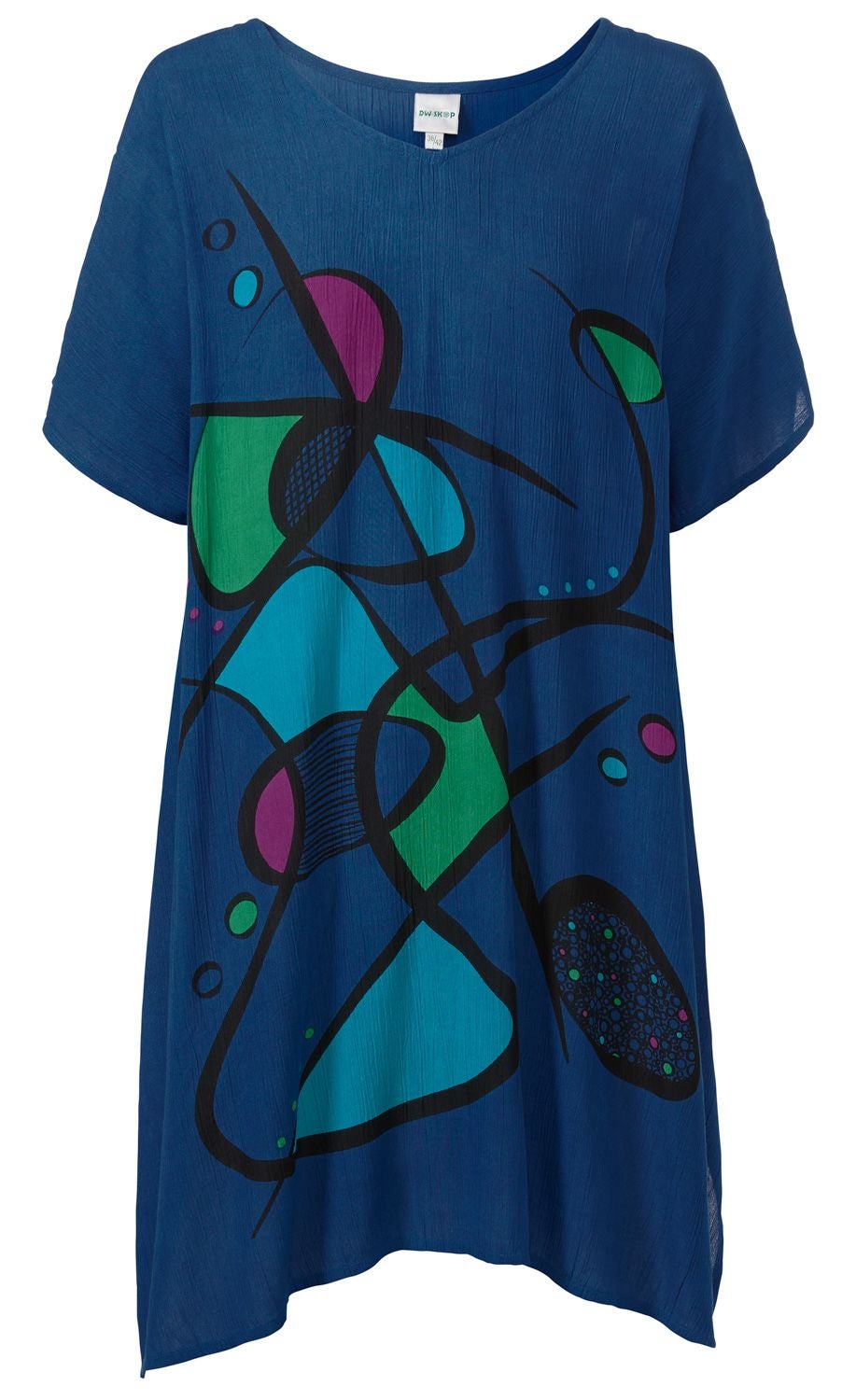 Blauer Viskose-Kaftan mit V-Ausschnitt, kurzen Ärmeln und abstraktem Muster in Schwarz, Grün, Türkis und Magenta, leicht strukturiert und locker fallend.