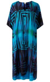 Viskose-Kaftan mit V-Ausschnitt, Kurzarm, in leuchtendem Blau und Schwarz mit abstraktem geometrischem Muster, locker fallend, knieumspielende Länge