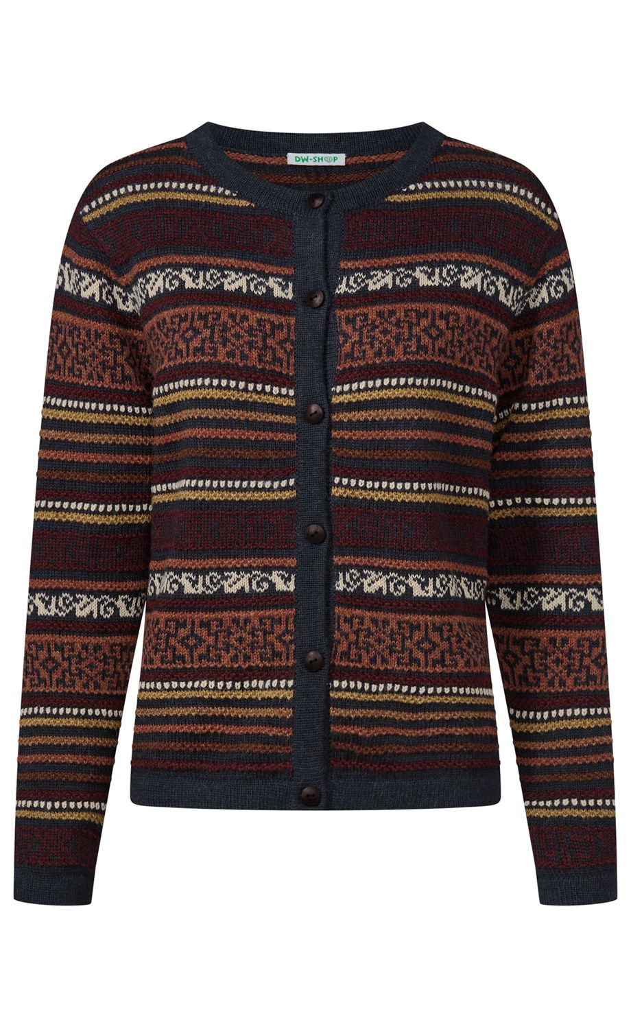 Damenstrickjacke mit Rundhalsausschnitt, Knopfleiste, langen Ärmeln, gemustert in Dunkelblau, Braun, Rostrot, Senfgelb und Creme, traditionelles Norwegermuster, taillierter Schnitt