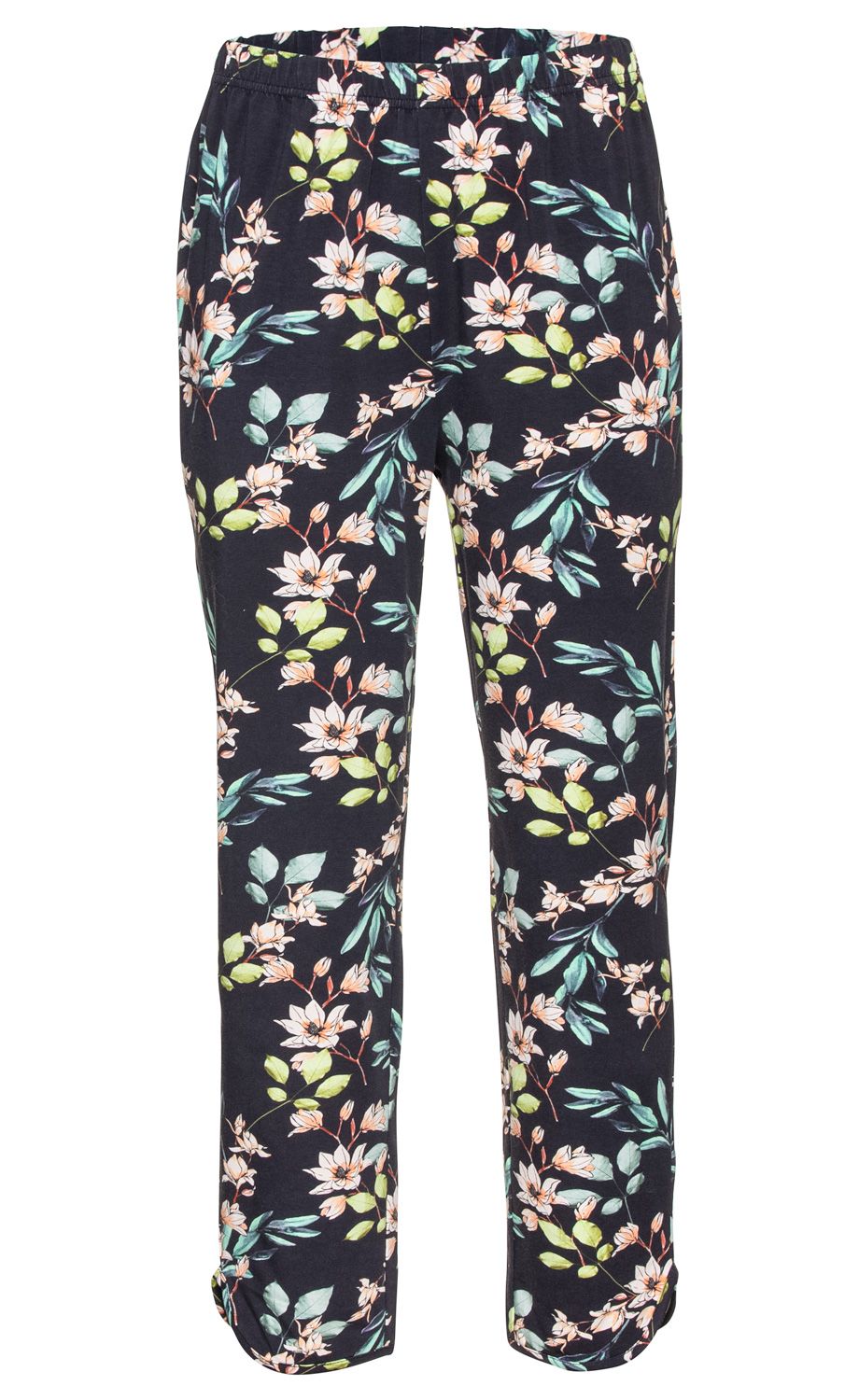 Baumwoll-Mix-Hose mit elastischem Bund, dunkelblauem Hintergrund, floralem Muster in Pastellfarben mit weißen Blüten und grünen Blättern, gerade geschnitten, Beinlänge bis zum Knöchel
