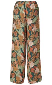 Viskose-Hose mit weitem Bein, elastischem Bund, dunkelgrünem Hintergrund und buntem Blattmuster in Orange, Beige, Hellgrün und Braun