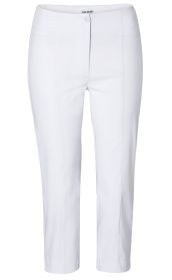 weiße Viskose-Mix Hose für Damen in klassischem Schnitt, gerade Beine, mittlere Bundhöhe, Knopfverschluss vorne, ohne sichtbare Taschen, glattes Material, leicht glänzend