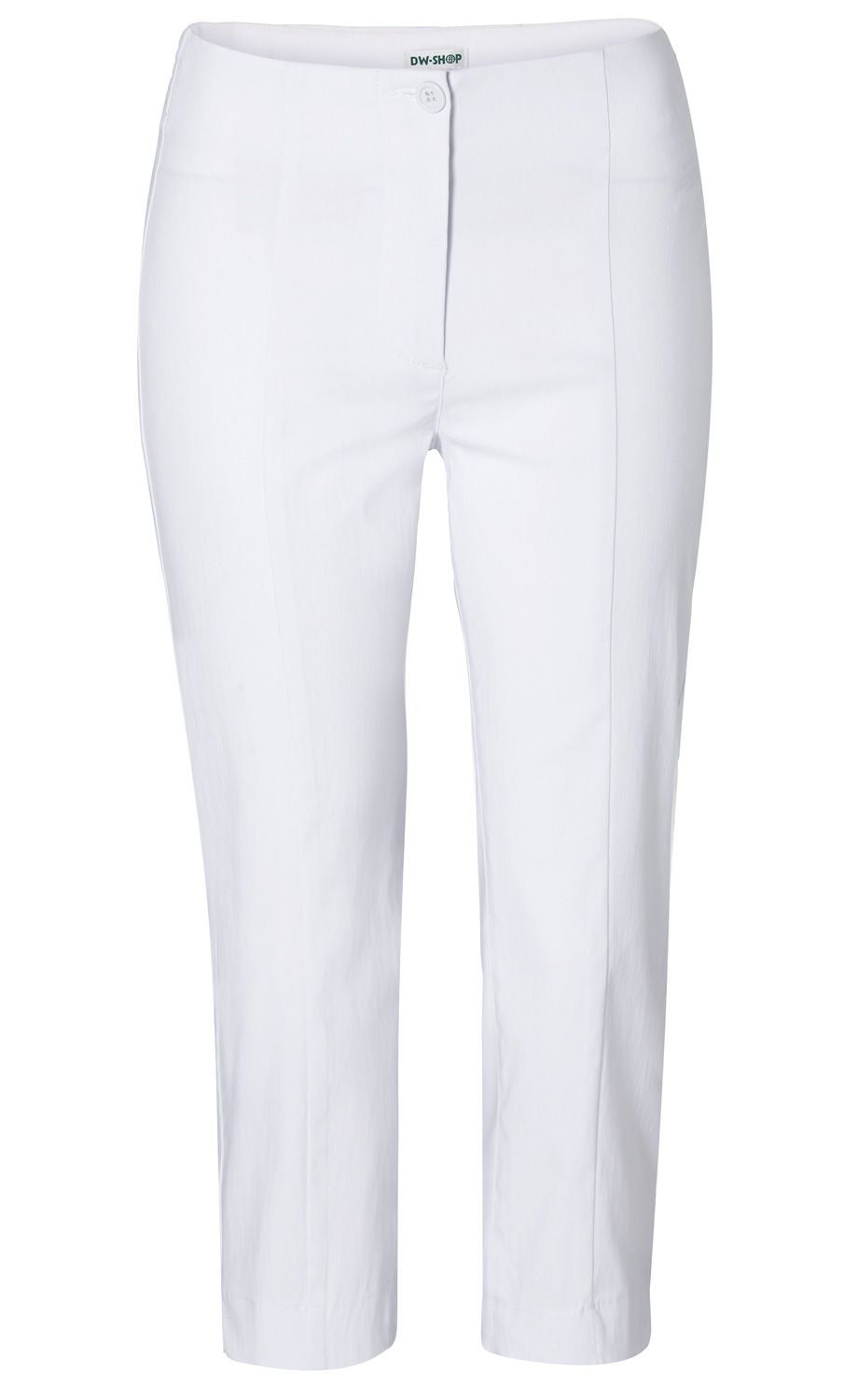 weiße Viskose-Mix Hose für Damen in klassischem Schnitt, gerade Beine, mittlere Bundhöhe, Knopfverschluss vorne, ohne sichtbare Taschen, glattes Material, leicht glänzend