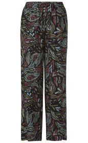 Viskose-Hose mit elastischem Bund, weit geschnitten, schwarz mit abstraktem Muster in Hellblau, Braun und Dunkelrot