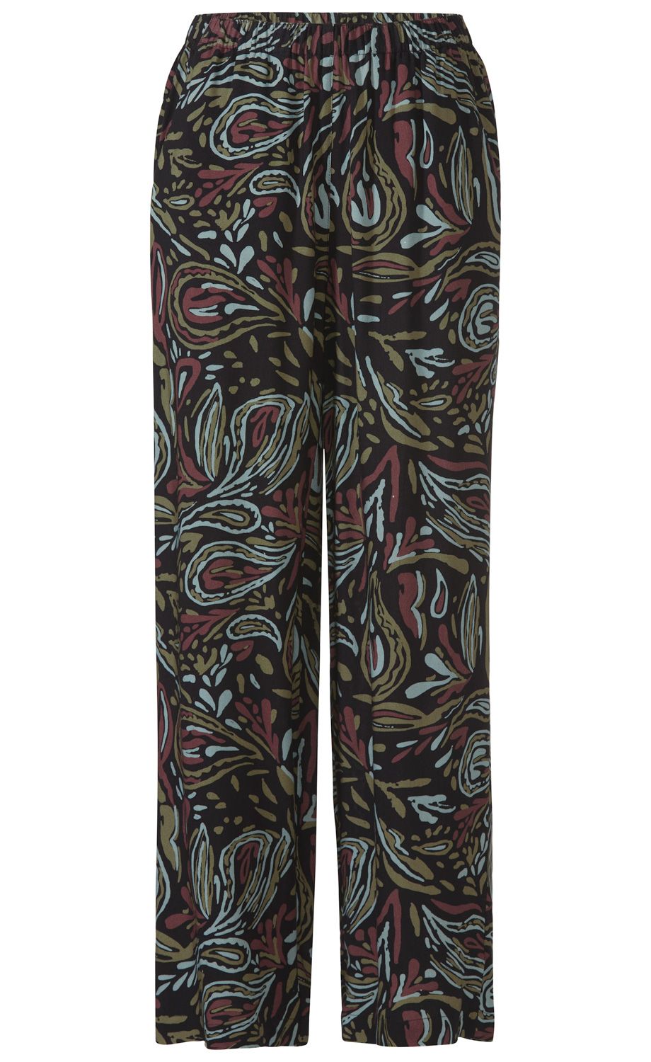 Viskose-Hose mit elastischem Bund, weit geschnitten, schwarz mit abstraktem Muster in Hellblau, Braun und Dunkelrot