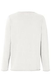 Baumwoll-Pullover in Weiß, Rückansicht, langärmlig, schlichtes Design, gerader Saum, feine Strickstruktur, leichte Rollkante an Ärmeln und Saum, klassischer Rundhalsausschnitt, knitterfrei