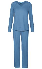 Blaues Baumwoll-Pyjama-Set bestehend aus langärmligem Oberteil mit V-Ausschnitt und Hose mit geradem Schnitt, glatter Stoff, schlichtes Design, entspannte Passform